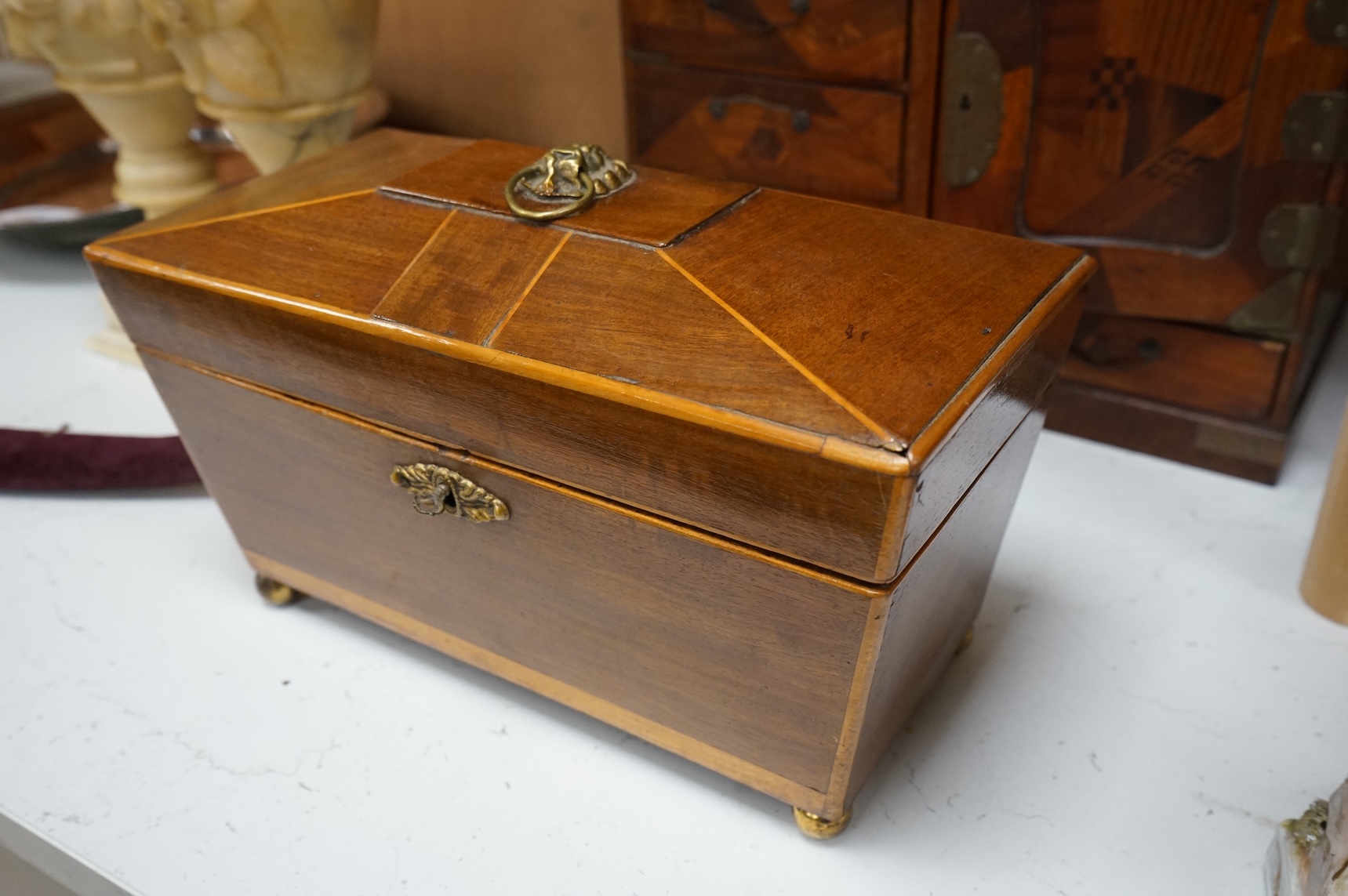 A Japanese parquetry table-top cabinet and a 19th century tea caddy, cabinet 33cm wide, 26cm high.